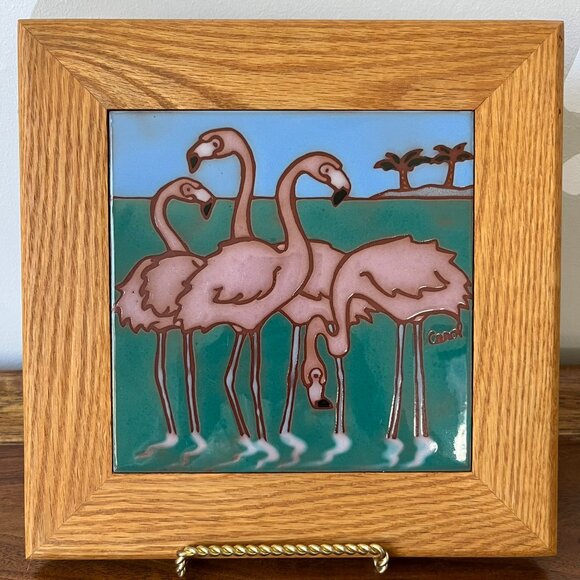 Frog Hollow Tile Design Flamingo Trivet Art Wood Frame 9x9" Idaho Carol Johnson - Picture 3 of 14
